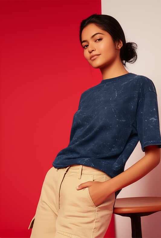 Woman wearing a blue t-shirt and beige pants against a red and white background